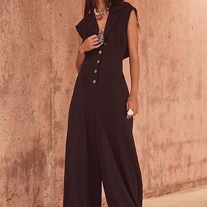 Free People Shasta Silky Black Button-Down Jumpsuit. Size S